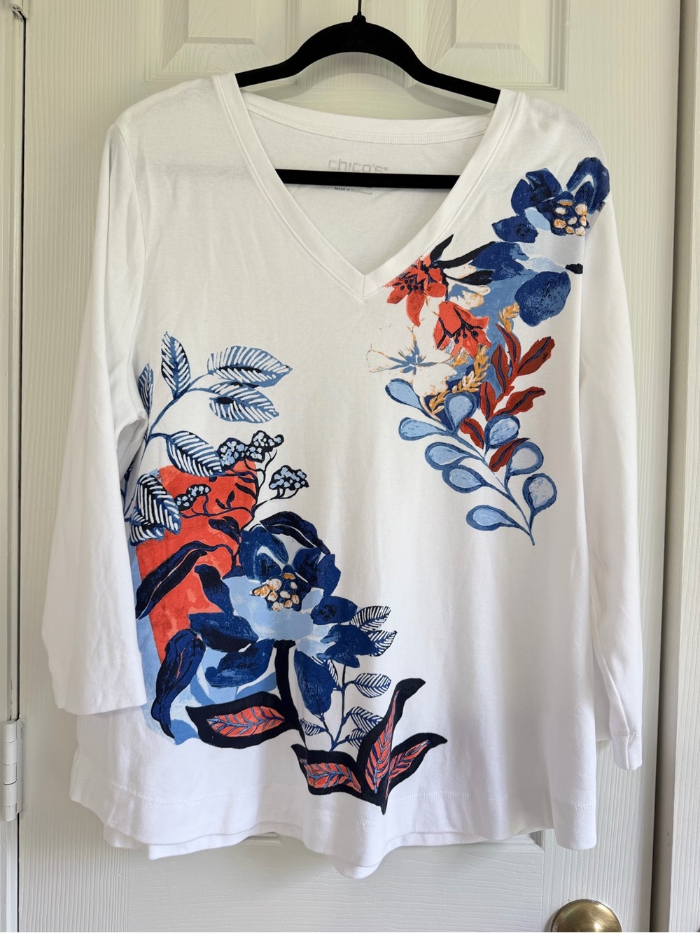 Chico’s Travelers XL 100% Pima Cotton Floral V Neck 3/4 Sleeve Top White SZ 3